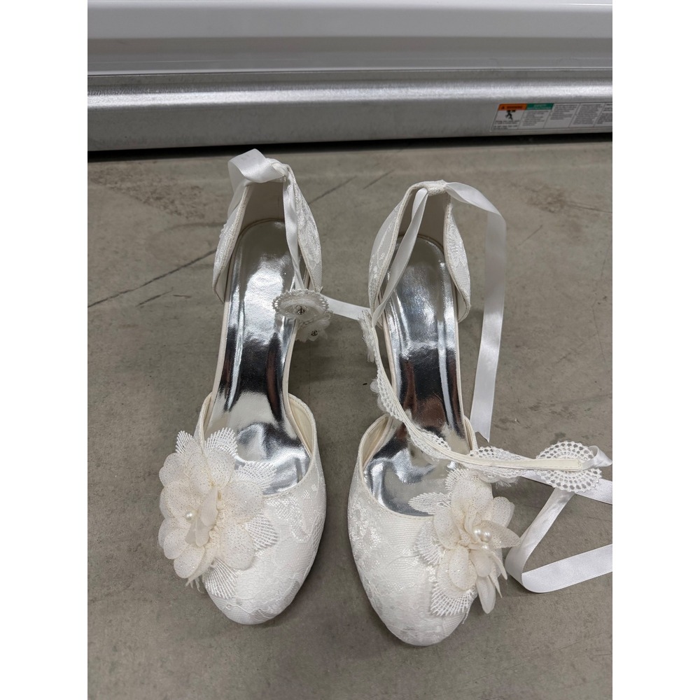 White Lace Floral Bridal Heels Ribbon Tie Ankle Strap Wedding Pumps Size 42
